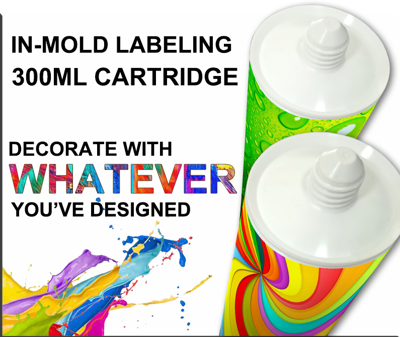 Cartouche en plastique vide D38 de 300 ml avec décoration d'étiquetage dans le moule pour mastic silicone neutre/remplisseur d'espace/acrylique
